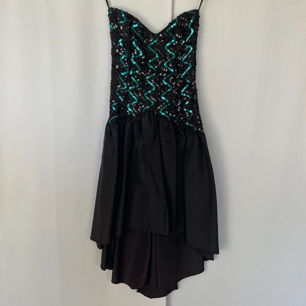 Gunne Sax Vintage Prom Dress Size 5 Teal Black Sequin Bow Tea Length Retro 80s